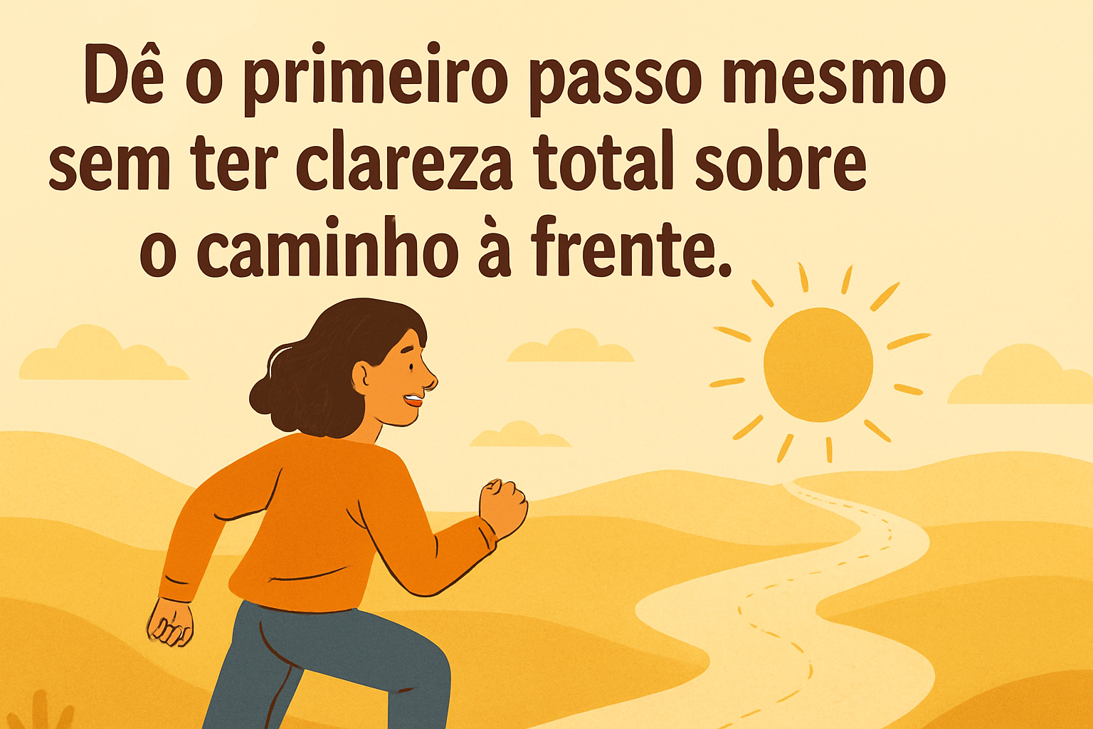 Ilustração de uma pessoa caminhando em direção ao sol, simbolizando dar o primeiro passo com coragem.